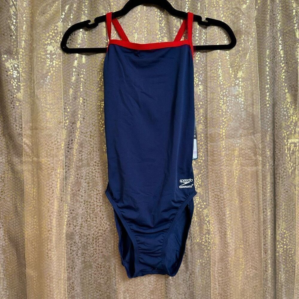 Speedo Navy Blue Red Endurance Thin Strap One Piece Sport Swim 6/32 Med NWT